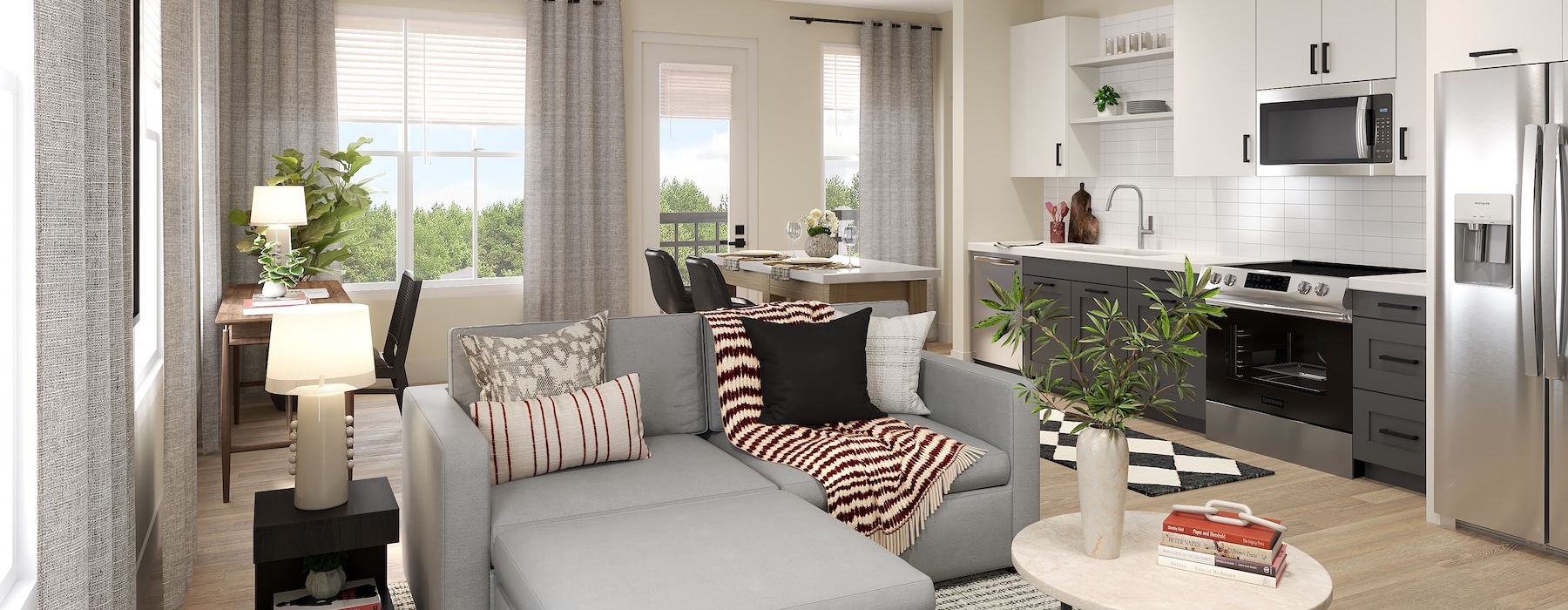 living room with couch coffee table and view of kitchen