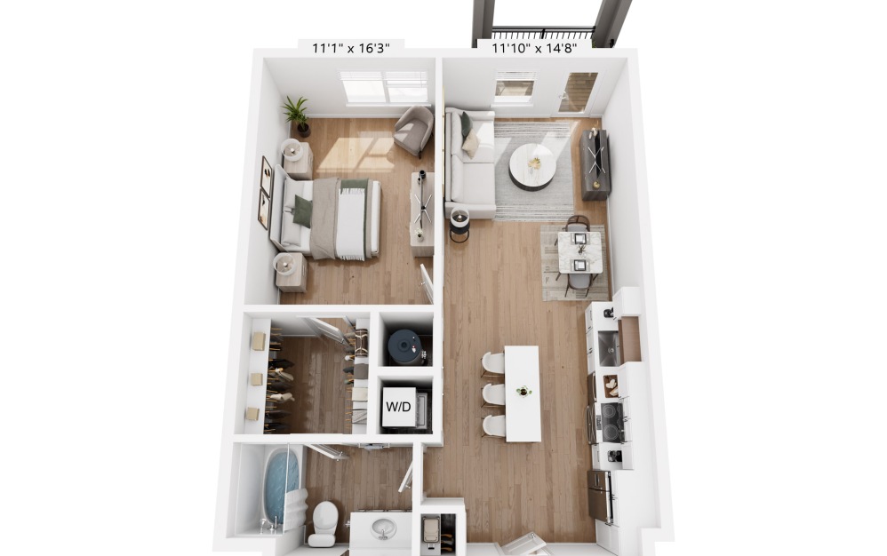 A - 1 bedroom floorplan layout with 1 bathroom and 741 square feet