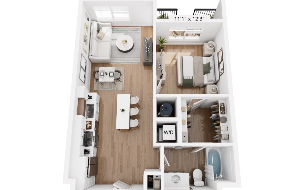 A1 - 1 bedroom floorplan layout with 1 bathroom and 696 square feet