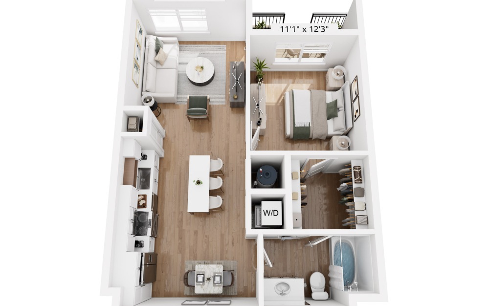 A1B - 1 bedroom floorplan layout with 1 bathroom and 696 square feet