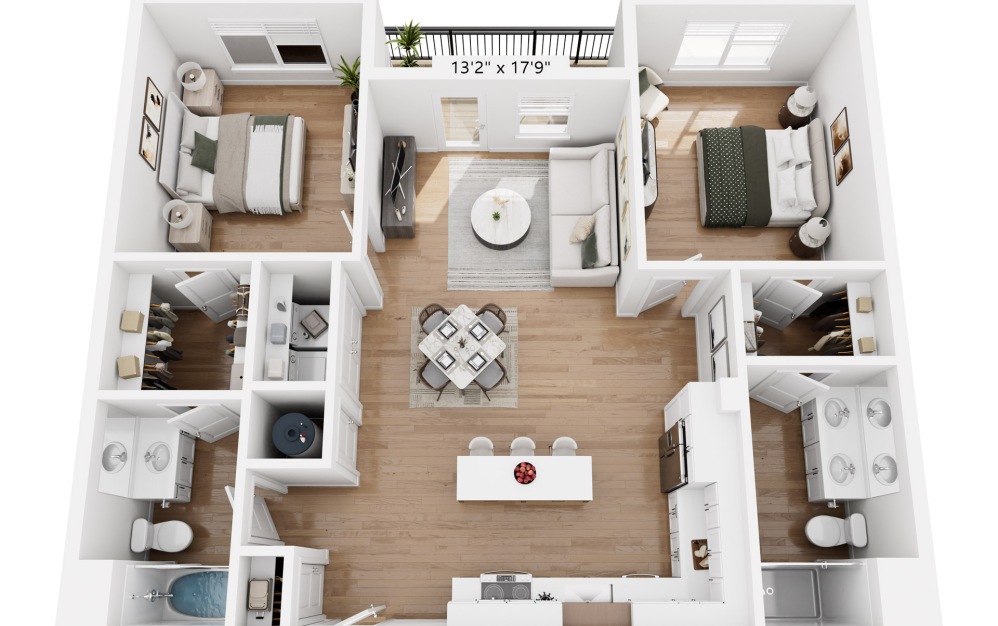 B1 - 2 bedroom floorplan layout with 2 bathrooms and 1096 square feet