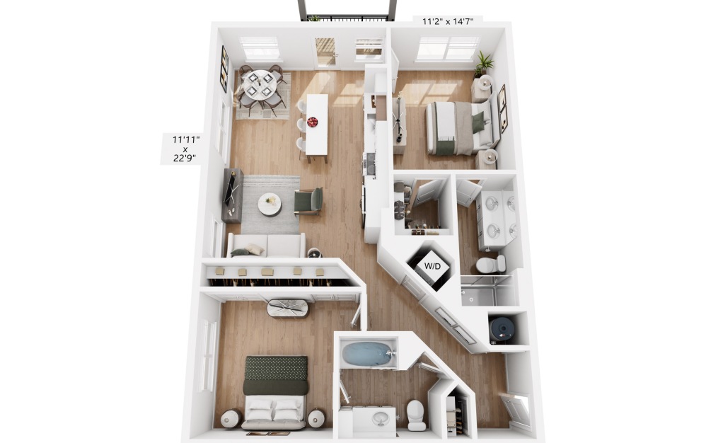B2 - 2 bedroom floorplan layout with 2 bathrooms and 1102 square feet