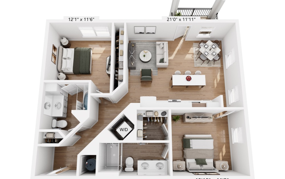 B2a - 2 bedroom floorplan layout with 2 bathrooms and 1049 square feet
