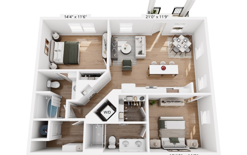 B2aB - 2 bedroom floorplan layout with 2 bathrooms and 1049 square feet