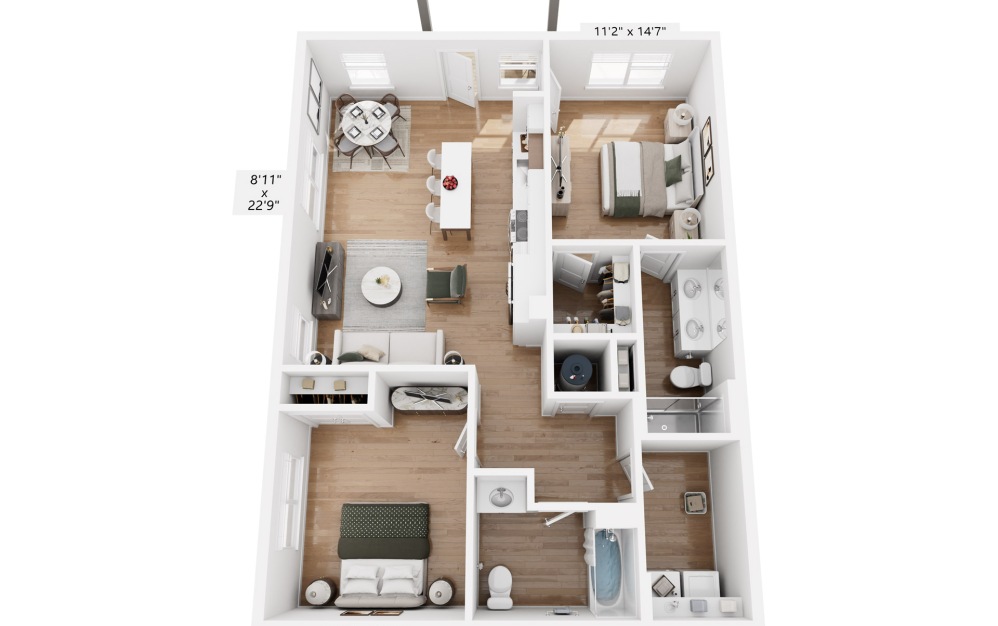 B2 - Essential - 2 bedroom floorplan layout with 2 bathrooms and 1102 square feet