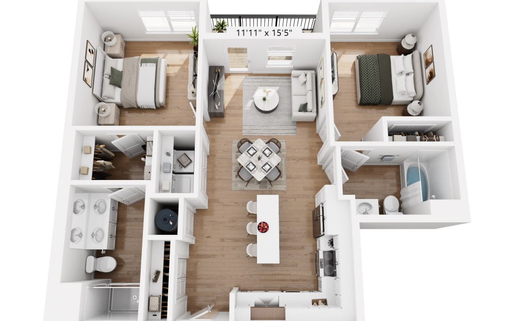 B3 - 2 bedroom floorplan layout with 2 bathrooms and 964 square feet