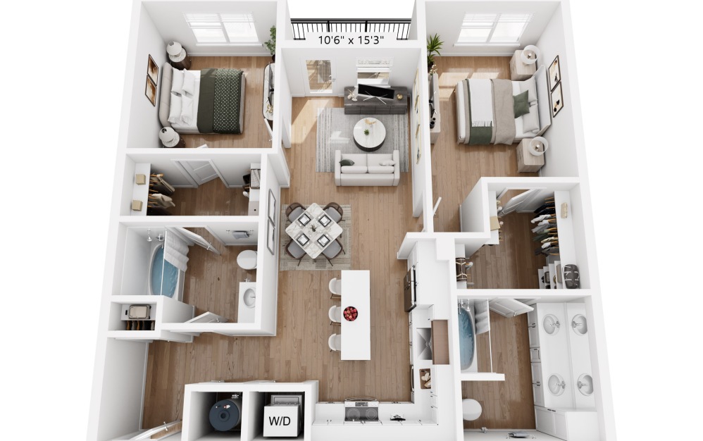 B4 - 2 bedroom floorplan layout with 2 bathrooms and 1044 square feet
