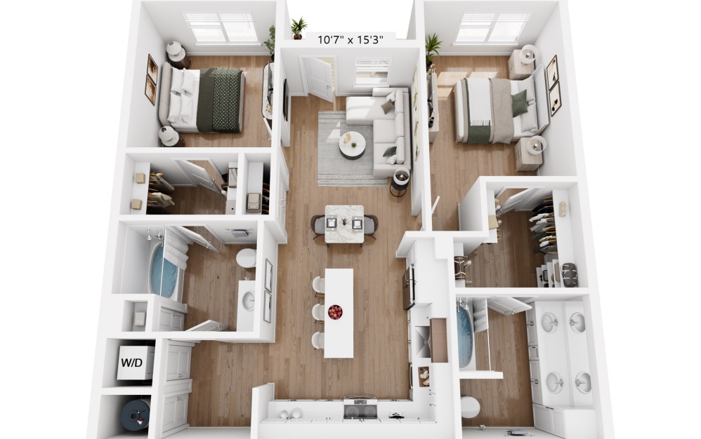 B4B - 2 bedroom floorplan layout with 2 bathrooms and 1044 square feet