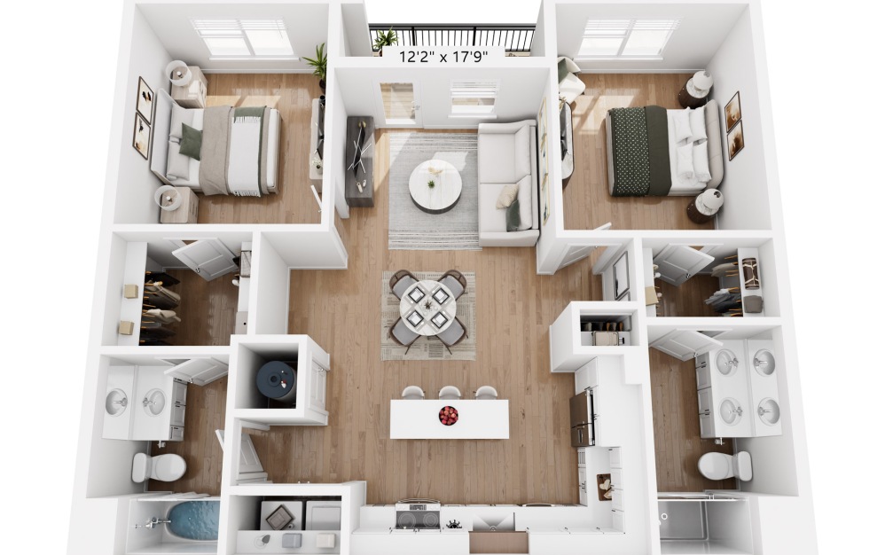 BB - 2 bedroom floorplan layout with 2 bathrooms and 1051 square feet