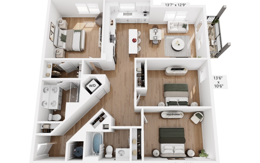 C - 3 bedroom floorplan layout with 2 bathrooms and 1366 square feet