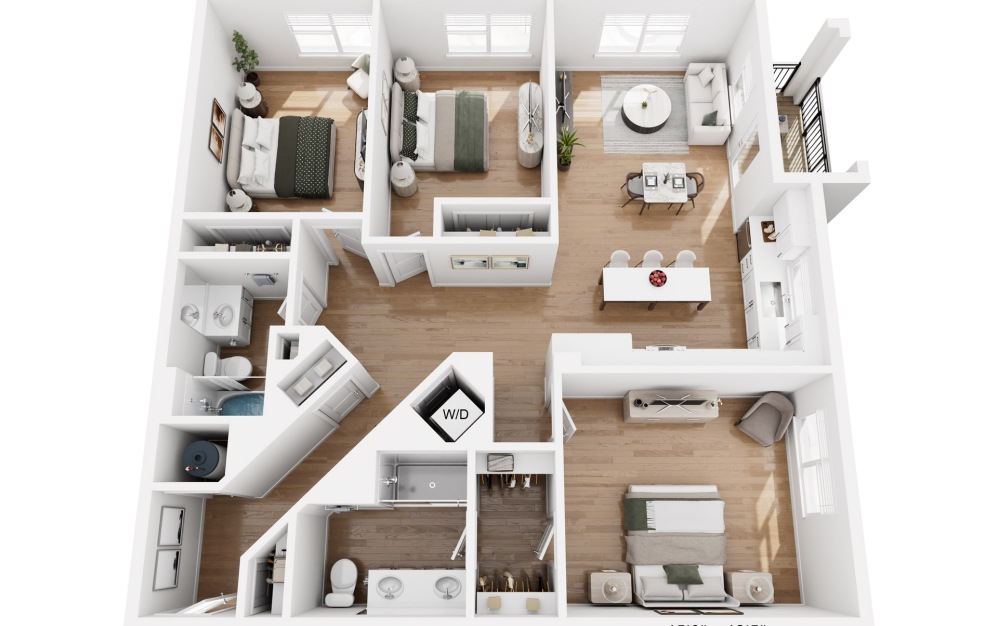 C1 - 3 bedroom floorplan layout with 2 bathrooms and 1366 square feet