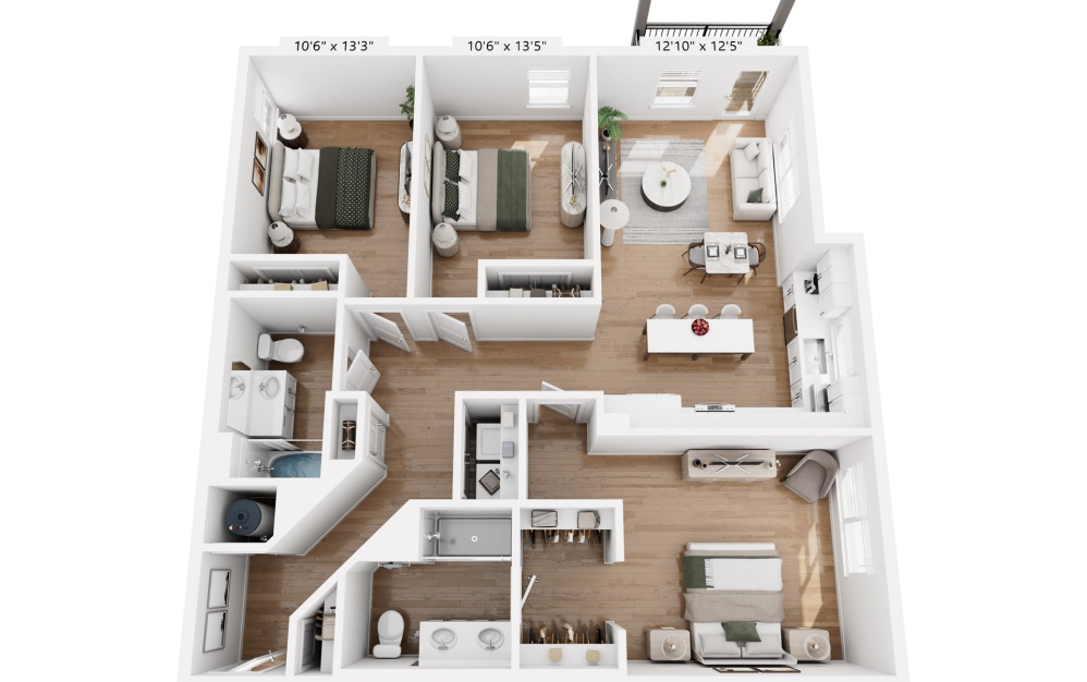 CA - 3 bedroom floorplan layout with 2 bathrooms and 1366 square feet