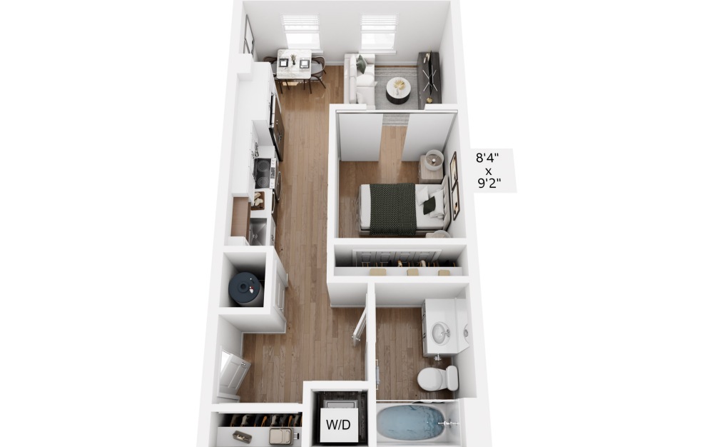 S2 - Essential - Studio floorplan layout with 1 bathroom and 503 square feet